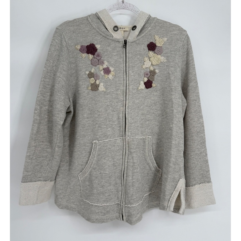 Style & Co Womens Gray Floral Embroidered Full Zip Hoodie Jacket Sz L